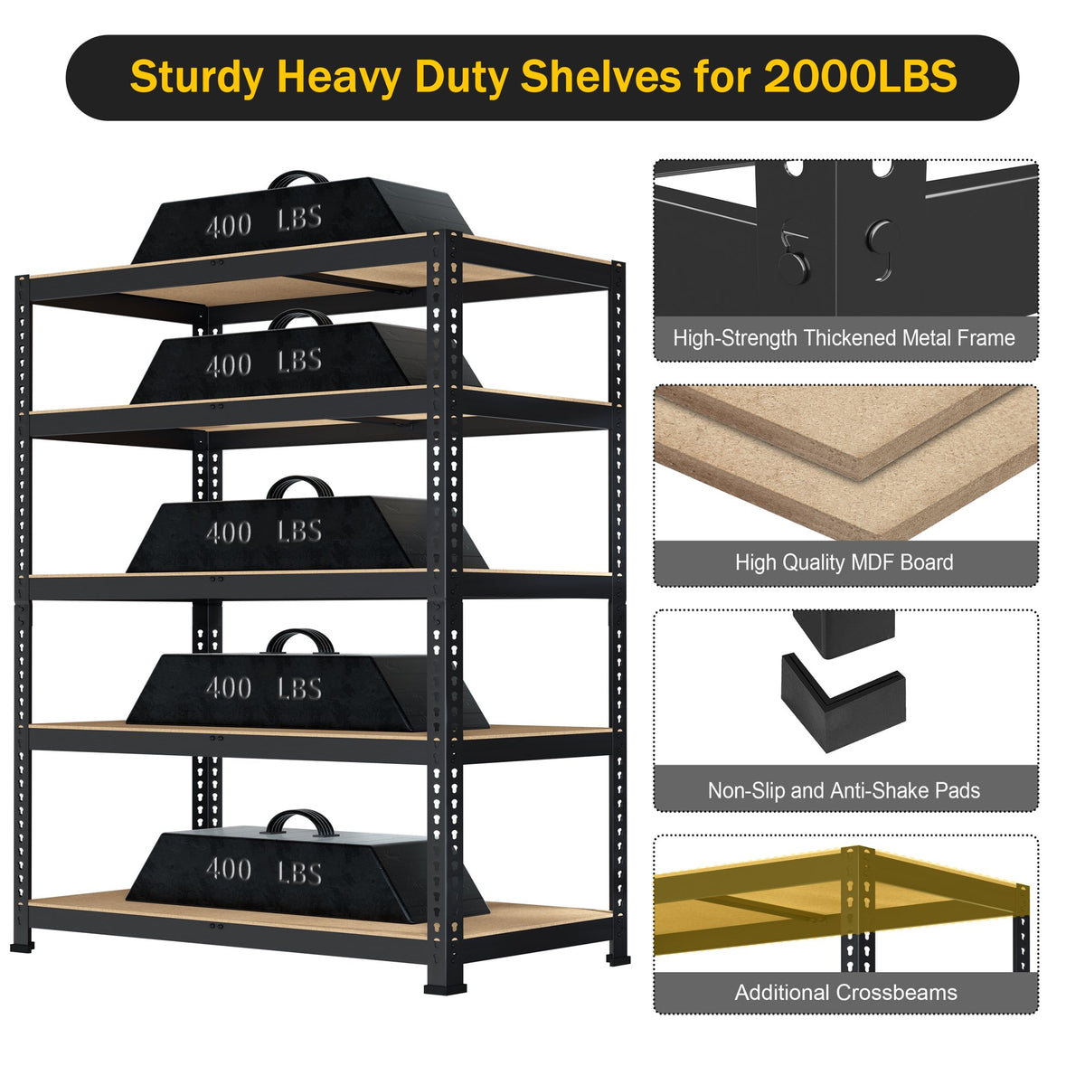 TrumanPick Storage Shelves Garage Shelving Units Metal Heavy Duty Adjustable Shelf Rack 36" x 12" x 72" 5 Tier 2000lbs for Warehouse Pantry Closet, Black