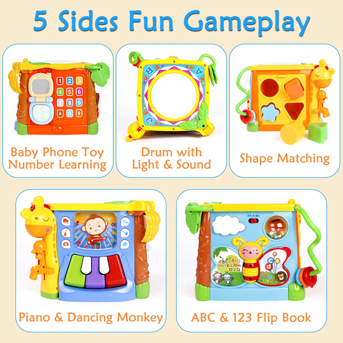 Richgv Activity Cube Montessori Toys for 1 Year Boys Girls, Preschool Learning Toys Baby Educational Toy with Music Light