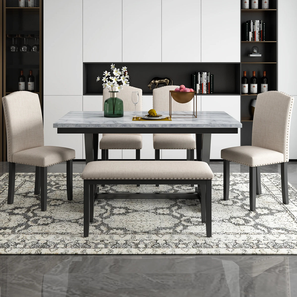 EUROCO 60" 6-Piece Dining Table Set,Dining Room Set with Marbled Tabletop,V-shaped Table Legs,Bench and 4 Cushioned Chairs,Solid Wood Rectangular Table and Chair Set, Kitchen Table Set