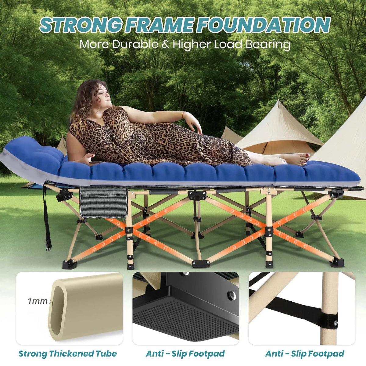 GVDV Folding Camping Cot, Comfort Soft Pad and 1200D Double Layer Oxford Sleeping Cot, Portable Folding Bed Cot for Camp Office Nap Beach Travel