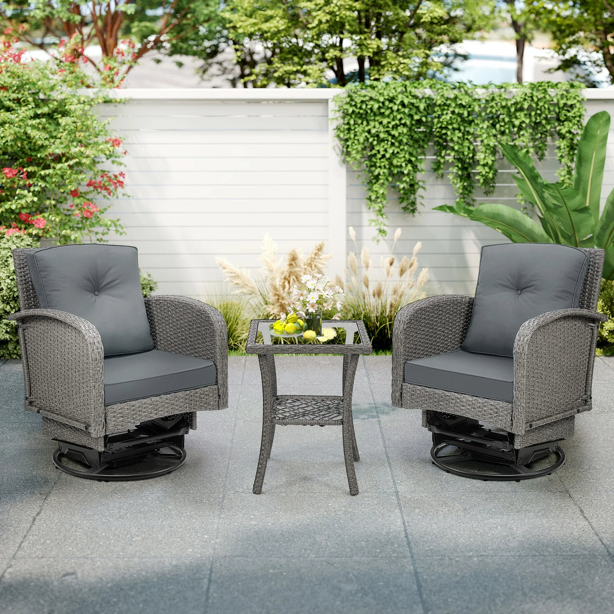 SEGMART 3 PCS Patio Swivel Rocker Set, PE Rattan Swivel Bistro Table Set, Outdoor Conversation Set with Glass Tabletop and Cushions for Balcony Patio Deck Poolside