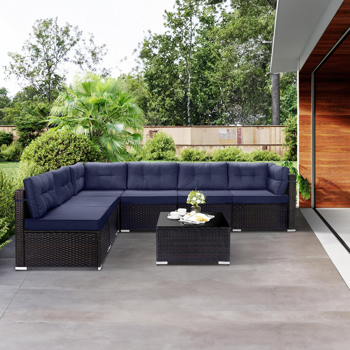 Patio Outdoor Furniture Sets, 7 Pieces All-Weather Rattan Sectional Sofa with Tea Table & Cushions, PE Rattan Wicker Sofa Couch Conversation Set for Garden Backyard Poolside