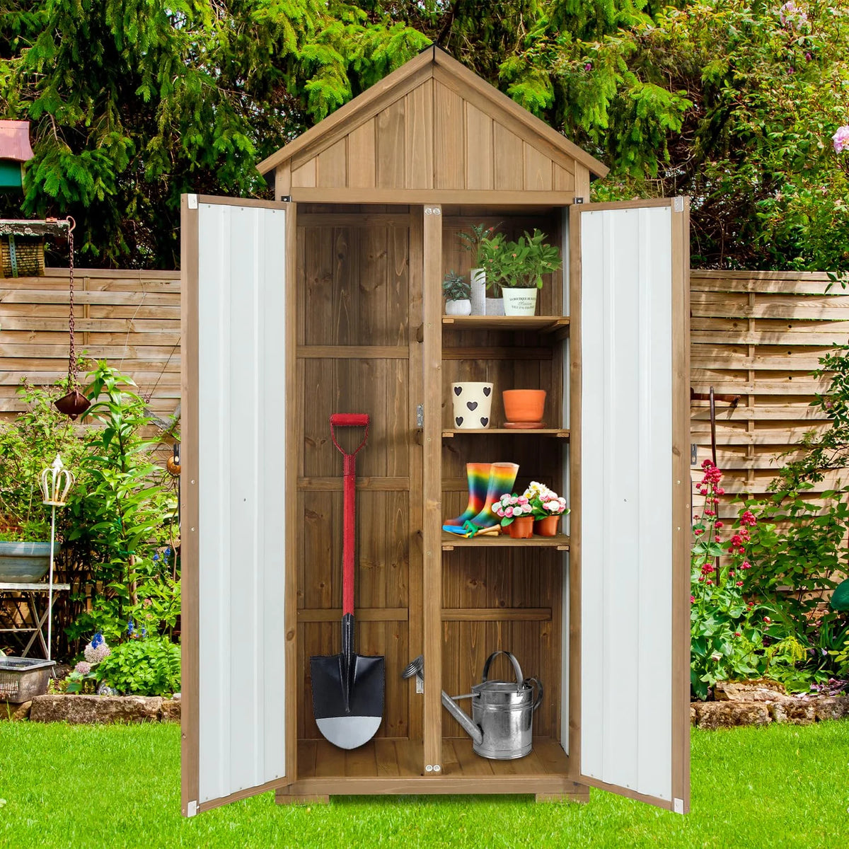 PETSCOSSET Outdoor Storage Cabinet – Weatherproof Wood & Metal Storage Shed with Adjustable Shelf, Lockable Doors, and Stability Features for Garden, Patio, and Backyard