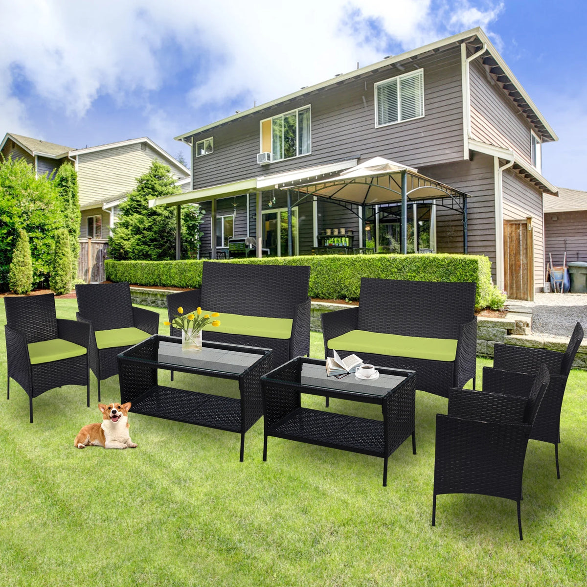 8 PCS Outdoor Patio Bistro Furniture Set, All-Weather Rattan Chair Set, Conversation Furniture Sets Clearance, Cushioned Seat & Glass Table, Bistro Table Set for Porch Garden Poolside Balcony