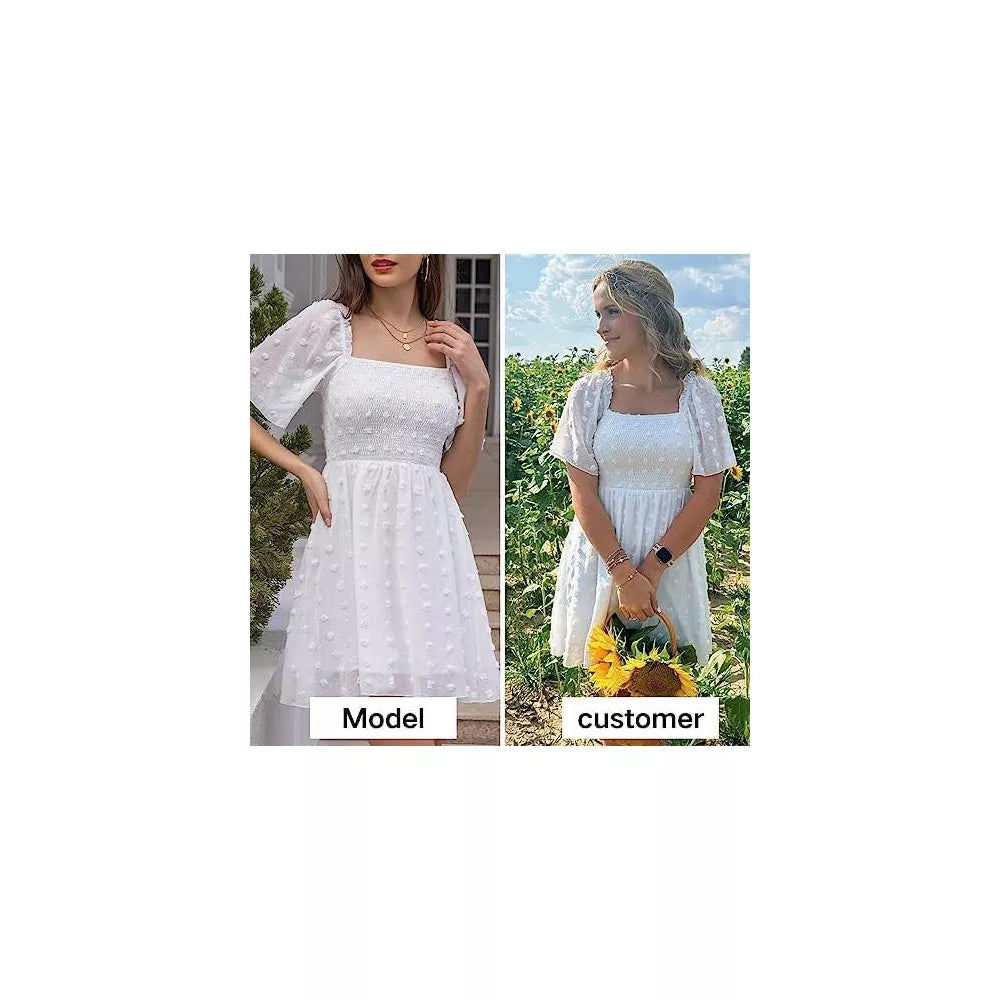 EXLURA Women's Summer Casual Square Neck Dresses Ruffle Short Sleeve Swiss Dot Flowy Mini Dress
