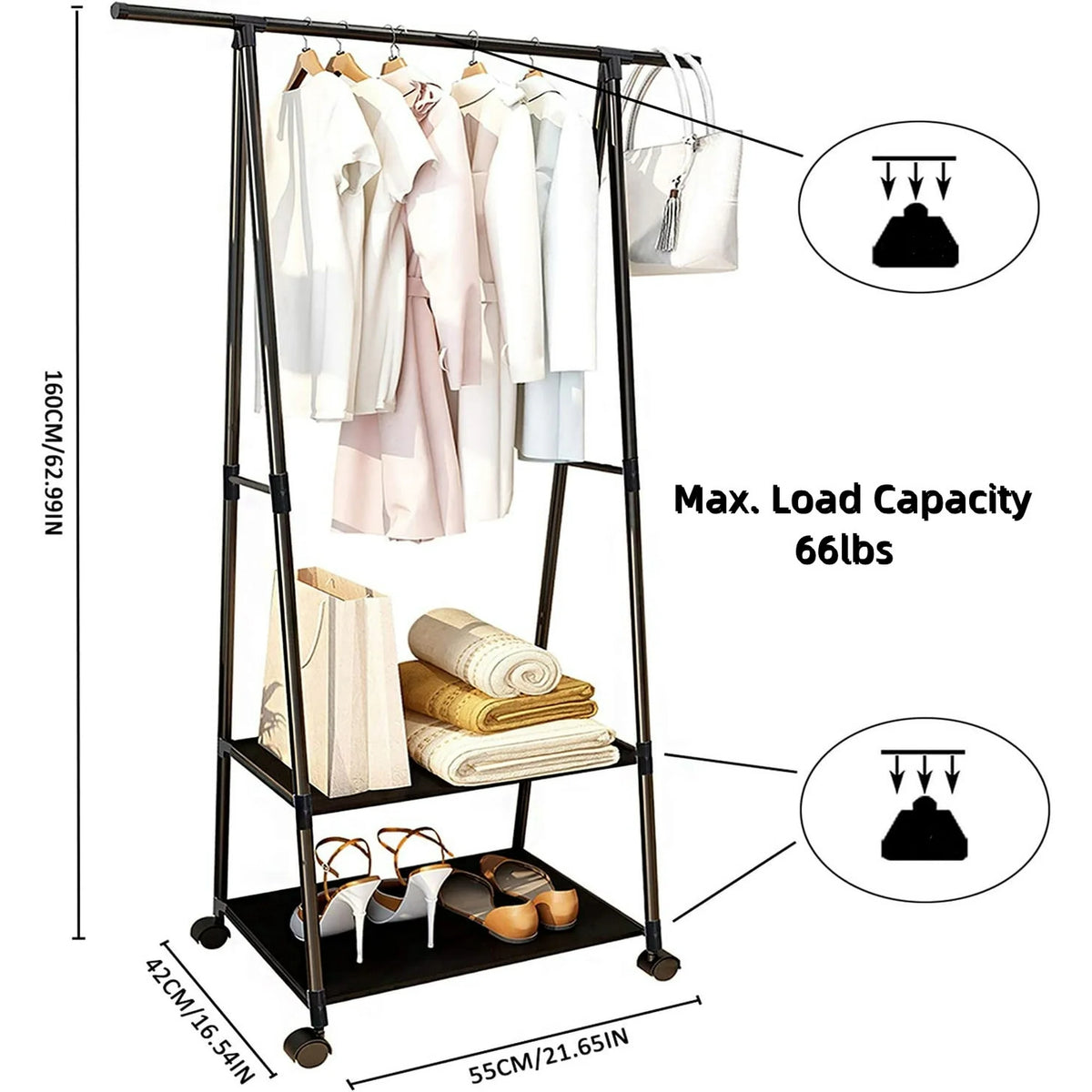 Clothes Rack 2 Tier, Triangle Garment Rack, Clothes Organizer on Wheels, Portable Garment Laundry Coat Rack, Closet Rack for Hanging Clothes, Clothes Hanging Rack for Home Office Dorm Black