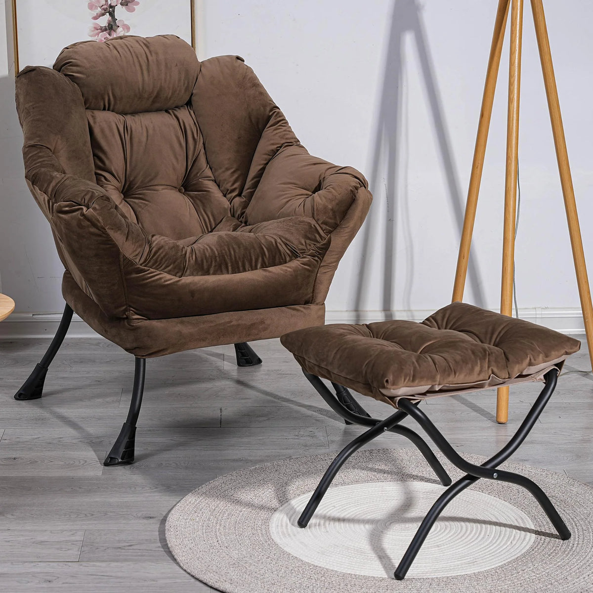 PAPROOS Fabric Lazy Chair with Foldable Ottoman, Large Accent Chair and Footrest Stool Set, Comfy Lounge Arm Chair with Footstool Set, Reading Chair Leisure Sofa Chair for Living Room, Brown