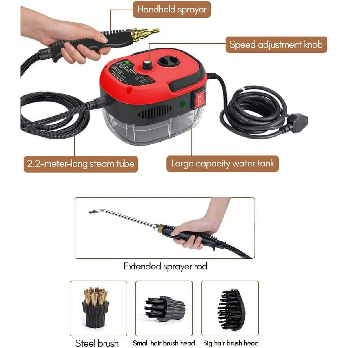 Vislone Steam Cleaner, 2500W Portable High Pressure Steam Cleaning Machine with 3 Brush Heads for Home, Kitchen, Bathroom