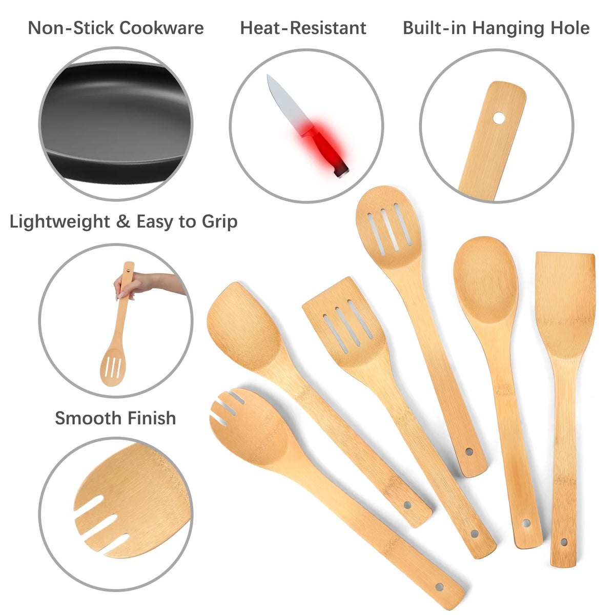 Wooden Spoons for Cooking, AOKIWO 6Pcs Banboo Spatula Spoon Tongs Utensils Set for Kitchen Cookware