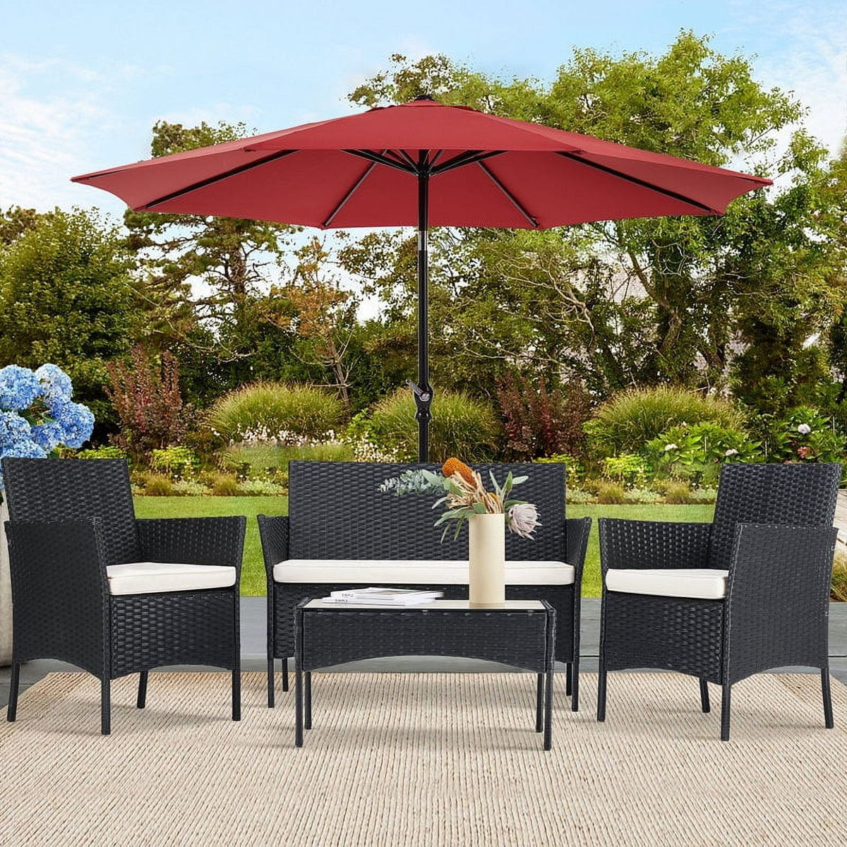 Outdoor Patio Conversation Set, Segmart 4 Pieces Rattan Sofa Set Cushioned Sofa & Charis, Deck Porch Poolside Furniture Table Set for 4, Black
