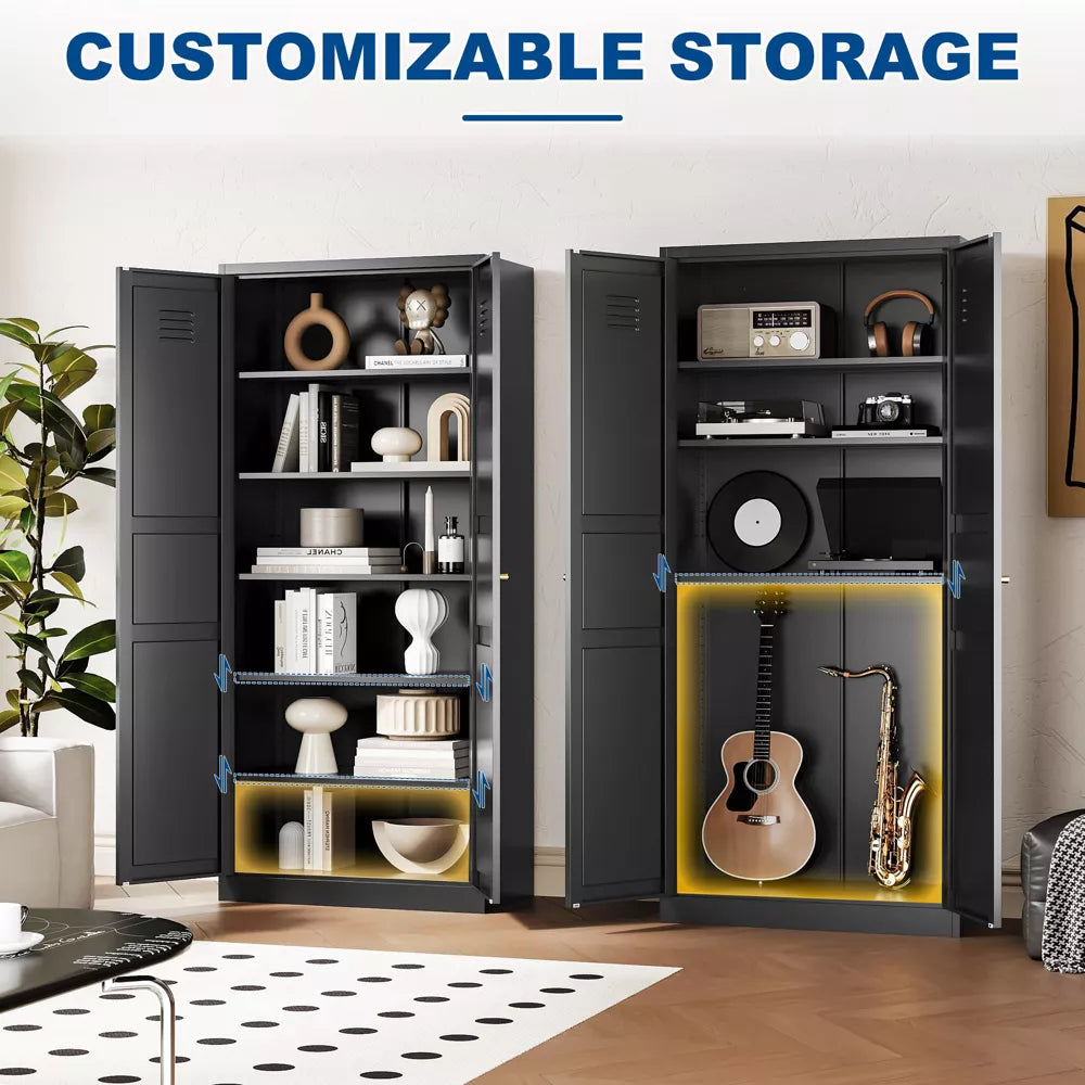 Mlezan 71" White Metal Storage Cabinet: 2 Doors, 5 Adjustable Shelves, Steel Cabinet for Home, Kitchen, School, Office, or Garage Storage.