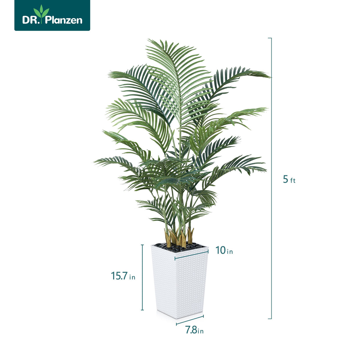 DR.Planzen UV Resistant 5ft Artificial Palm Tree with White Large Planter, Faux Palm Tree for Indoor Outdoor decor, Faux Plant with Adjustable Leaves for Home, Office, and Garden Decor