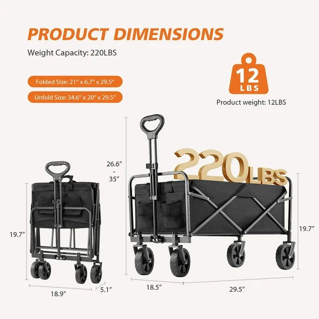 Collapsible Folding Wagon Cart, Camping & Shopping, Heavy Duty Utility Wagon with All-Terrain Wheels - Black(29.10*18.50*35.00inch)