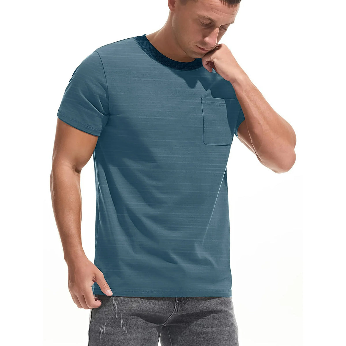 GENTS BLISS Short Sleeve Men T-shirts Ribbed Crew Neck Shirts for Men Color Block Tee Shirts with Pocket