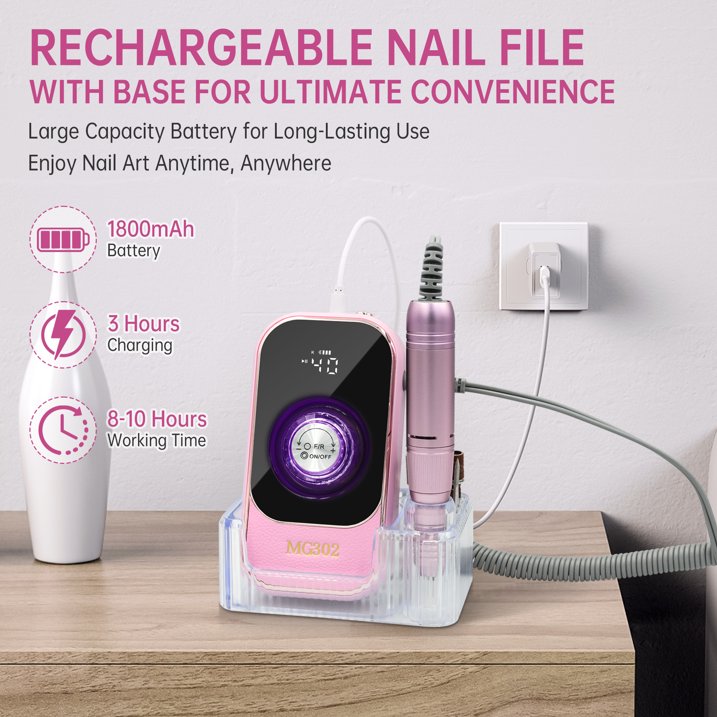 Sentryse Electric Nail Drill Machine 45000RPM Professional Rechargeable Nail File with LCD Display Base 7 Bits, Nail Drill Kit for Manicure, Pedicure, Acrylic Nails Gel Polishing, Pink