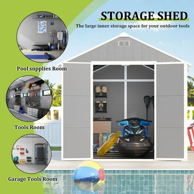 8x10FT Outdoor Shed, Extra Large Storage Shed Resin, Outside Storage for Garden Backyard, Double Doors, Double Windows, PP Splicing Floor, Heavy-duty Frame