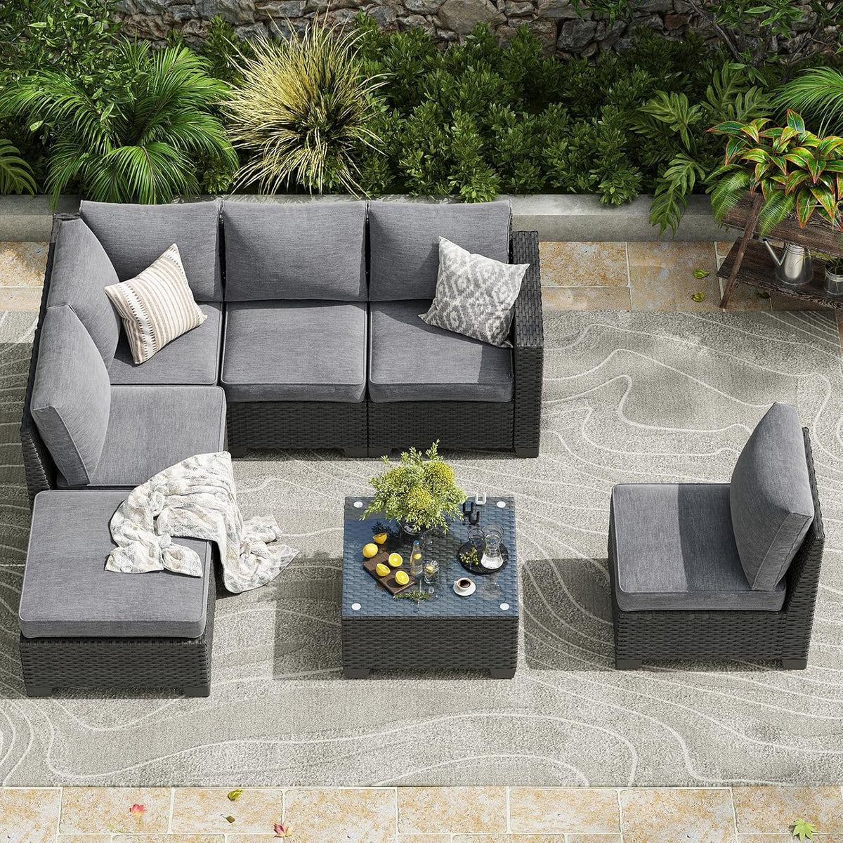 Farini Outdoor Wicker conversation sets, 7 Pieces Patio Furniture Sofa Set with Coffee Table, All Weather for Garden, Backyard, Balcony (Dark Gray)