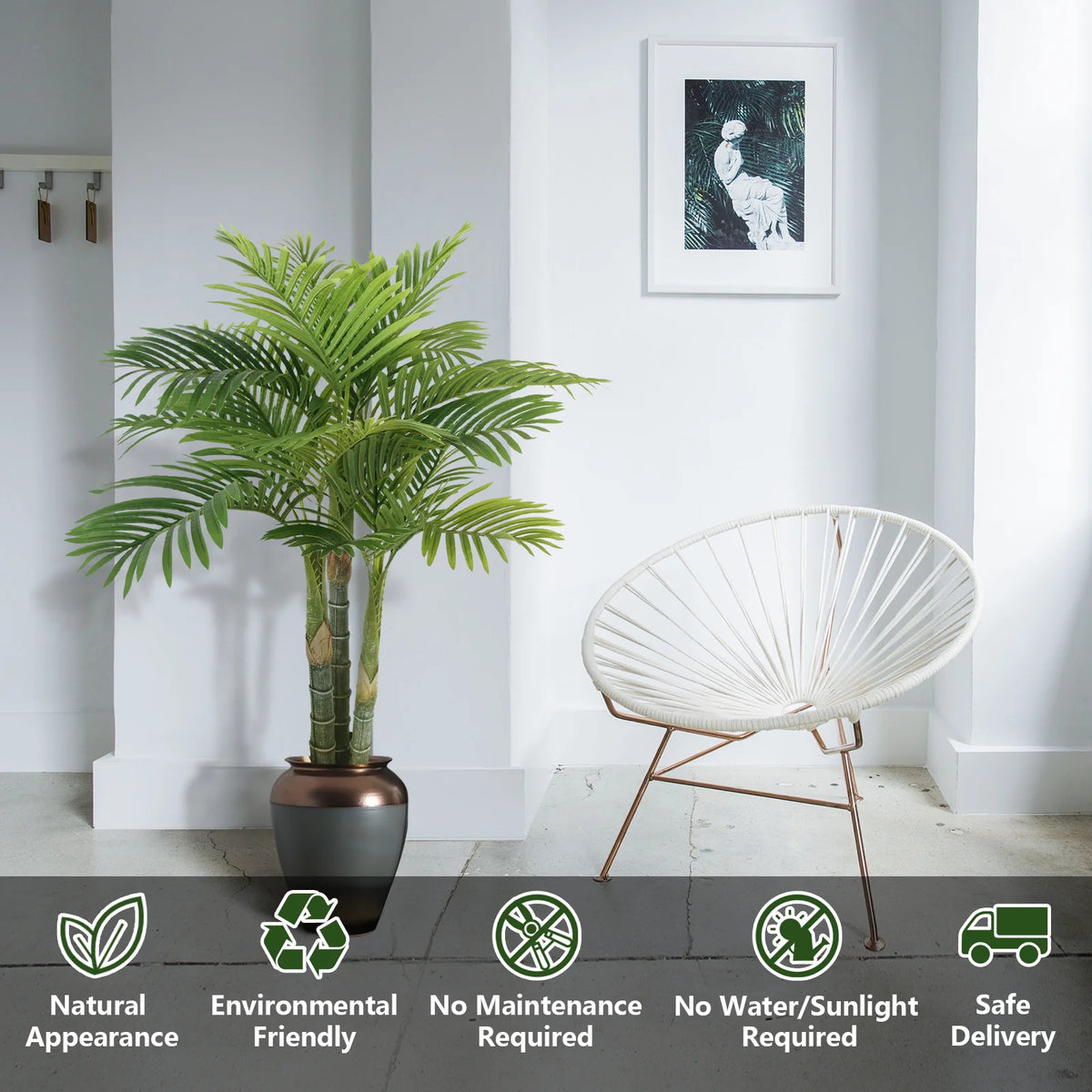 Anting 4FT Artificial Golden Cane Palm Tree 15Leaves Faux Triple Tropical Palm Plants with Pot for Gift Home Office Decor Green (Set of 2)