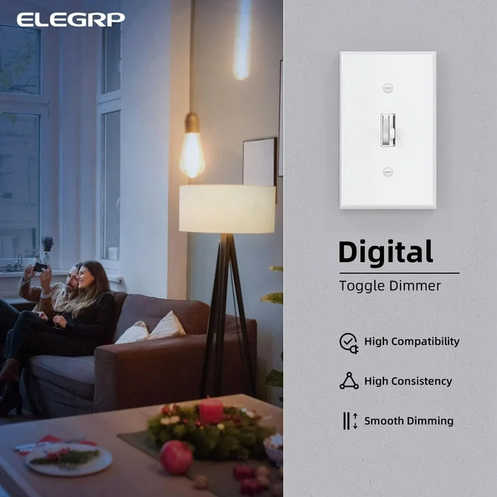 ELEGRP Slide Toggle Dimmer Switch,Single Pole & 3-Way Toggle LED Dimmer Light Switch, Wall Plate Included, UL Listed, White 2PC