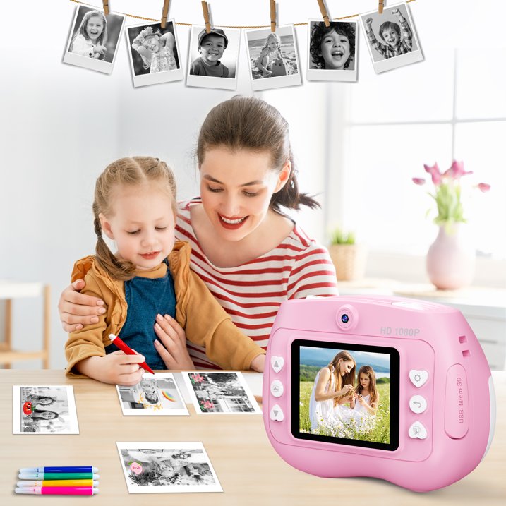TOPVISION Kids Camera with Instant Printing, 1080P HD Digital Cameras with 32GB Storage Card 4 Paper Rolls, Gift for Boys Girls Ages 4 12 Pink