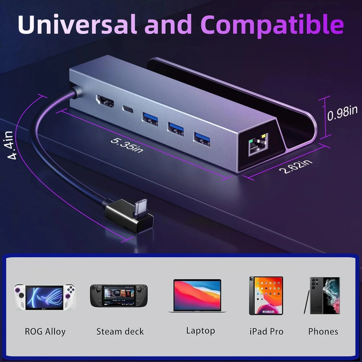 Docking Station for Steam Deck, 6 in 1 Stream Deck Dock with HDMI 2.0 4K 60Hz, 1Gbps RJ45 Ethernet, 3 USB 3.0 5Gbps, and 100W Charging USB-C Port Compatible with ROG Ally, Steam Deck, Laptop