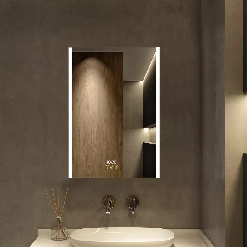 HBEZON LED Medicine Cabinet with Mirrors and Lights, Recess/Wall Mount Bathroom Cabinet, 3 Mode Light, Dimmable, Anti Fog, Time Temp, Outlet, Silver