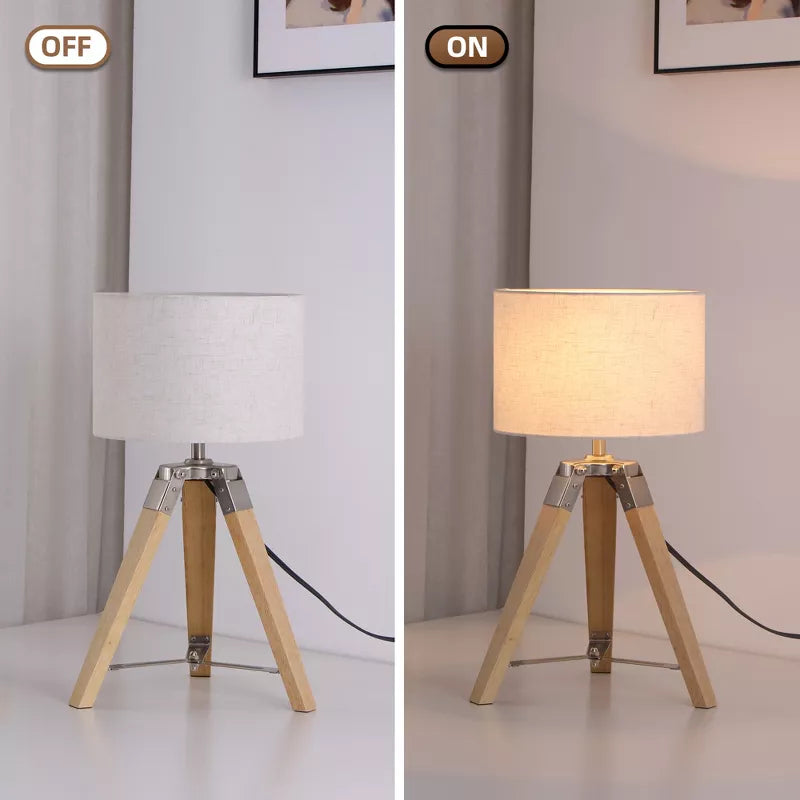 HBEZON 18 H Tripod Table Lamp with Beige Linen Shade for Bedroom, Living Room, Dining Room, Office, Rubber Wood
