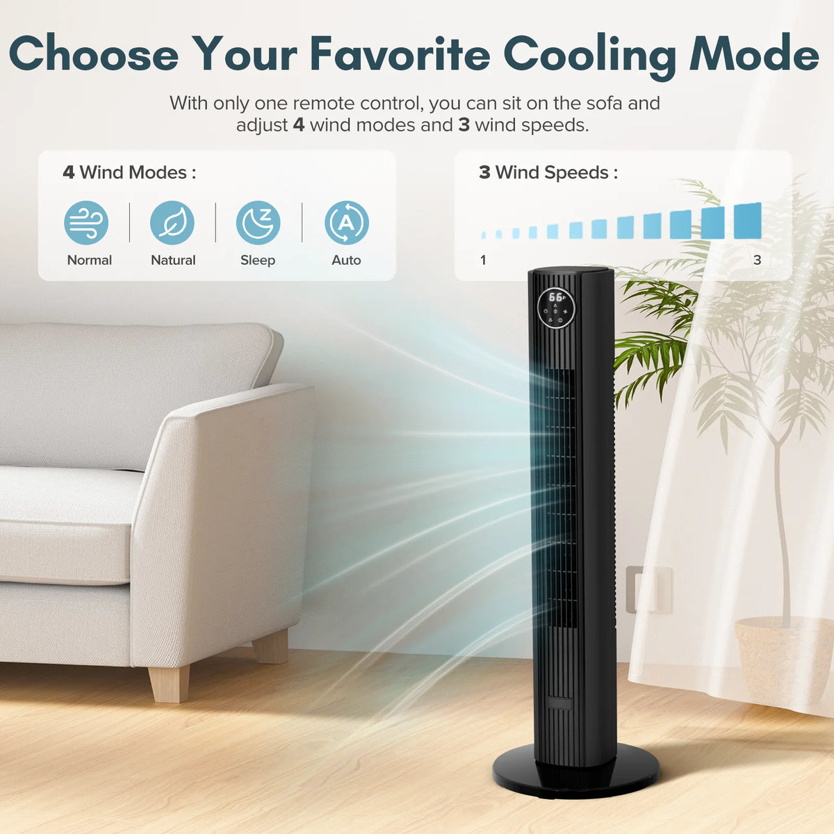KISSAIR 35" Tower Fan for Home, 85° Oscillating Tower Fan, 4 Modes & 3 Speeds Standing Floor Fan with 12H Timer, Bladeless & Family-Safe Design with Remote Control, (Black)