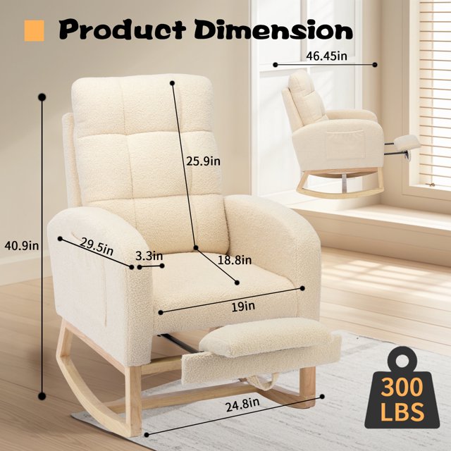 SENCHO GINSYTALIOR Modern Accent Rocking Chair with Solid Wood Legs, adjustable Footrest,Comfy Armchair with Side Pocket, Living Room Lounge Arm Chair with High Backrest(Beige)