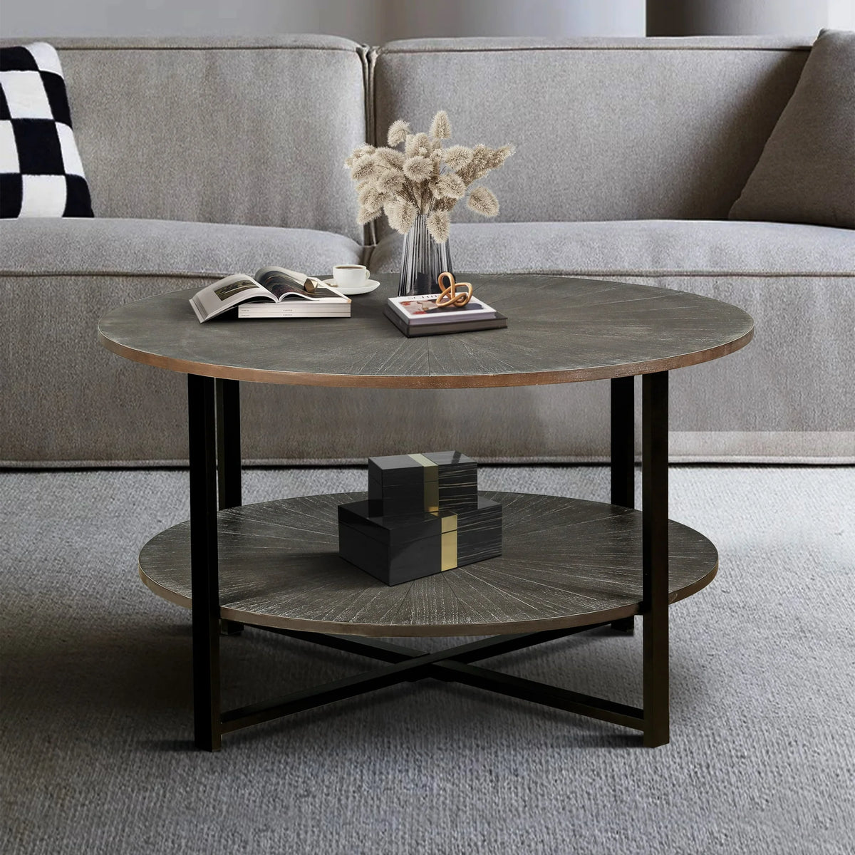 31.5 D 31.5 W 18.3 H Round Coffee Table With 2 Tier Storage, Farmhouse Living Room Cocktail Table with Black Metal Leg, Patchwork Desktop Effect Easy Assembly (Antique Brown)
