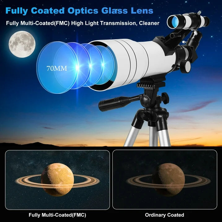 SUNOYAR Telescope, 70mm Telescopes for Adults Kids, 300mm Refractor Telescope (15X 150X) with Adjustable Tripod for Astronomy Beginners, Gift for Kids