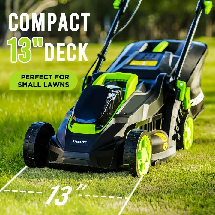 Steelite 13-Inch Cordless Lawn Mower, 21V Electric Lawn Mowers with Brushless Motor for Garden,5 Heights Adjustment, 4.0Ah Battery & Charger Included