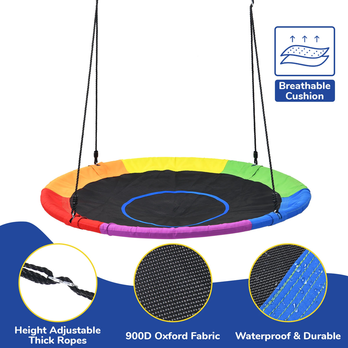 KloKick 60 Extra Large Tree Swing for Kids Adults 900D Oxford Waterproof Saucer Swing with 2 Hanging Straps, Rainbow