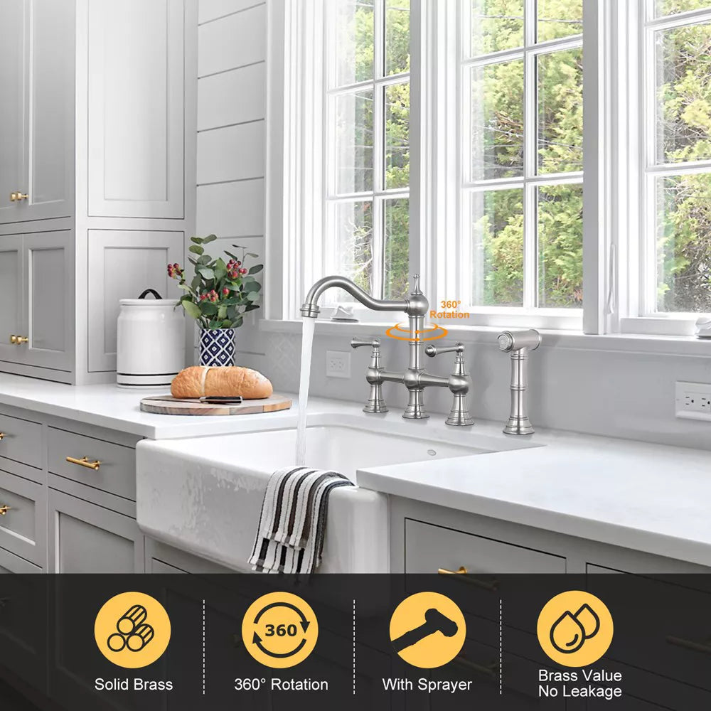 WOWOW Double Handle Bridge Kitchen Faucet with Side Sprayer in Brushed Nickel