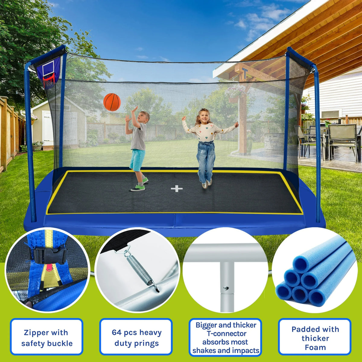 Outdoor Trampoline with Basketball Hoop, SEGMART Large Rectangle Trampoline with Net For Kids and Adults, Heavy-Duty Backyard Trampolines, Recreational Trampolines with Basketball Ball, Blue