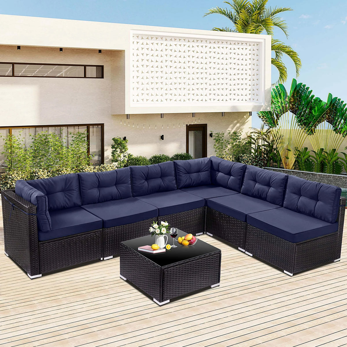 7 Piece Rattan Sectional Sofa Set, Outdoor Conversation Set, All-Weather Wicker Sectional Seating Group with Cushions & Coffee Table, Morden Furniture Couch Set for Patio Deck Garden Pool