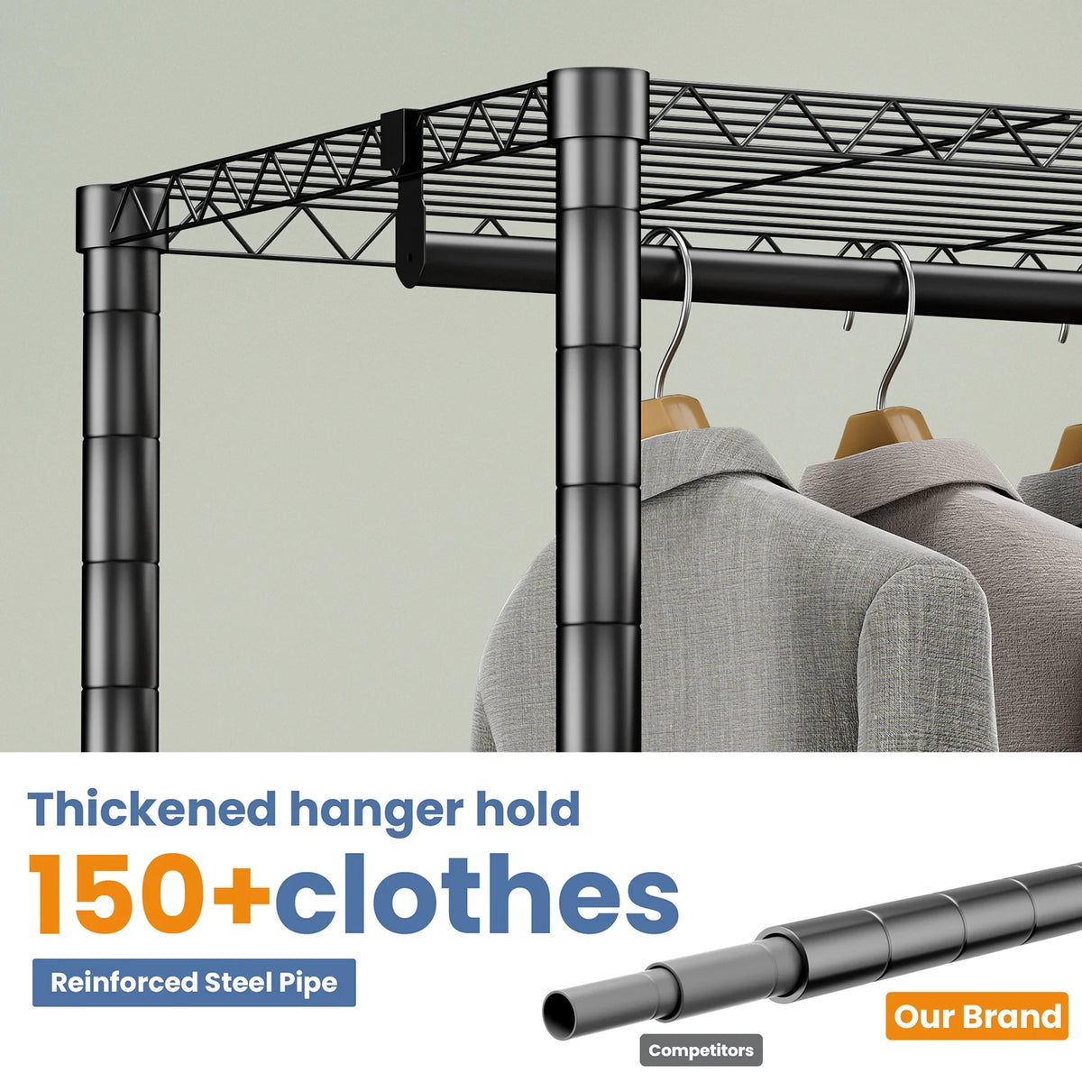 Baokaler Portable Closet Wardrobe 800LBS Heavy Duty Wire Garment Rack with Gray Fabric Cover, Metal Clothes Rack Freestanding Closet Organizer Portable Adjustable Wardrobe for Bedroom, Black