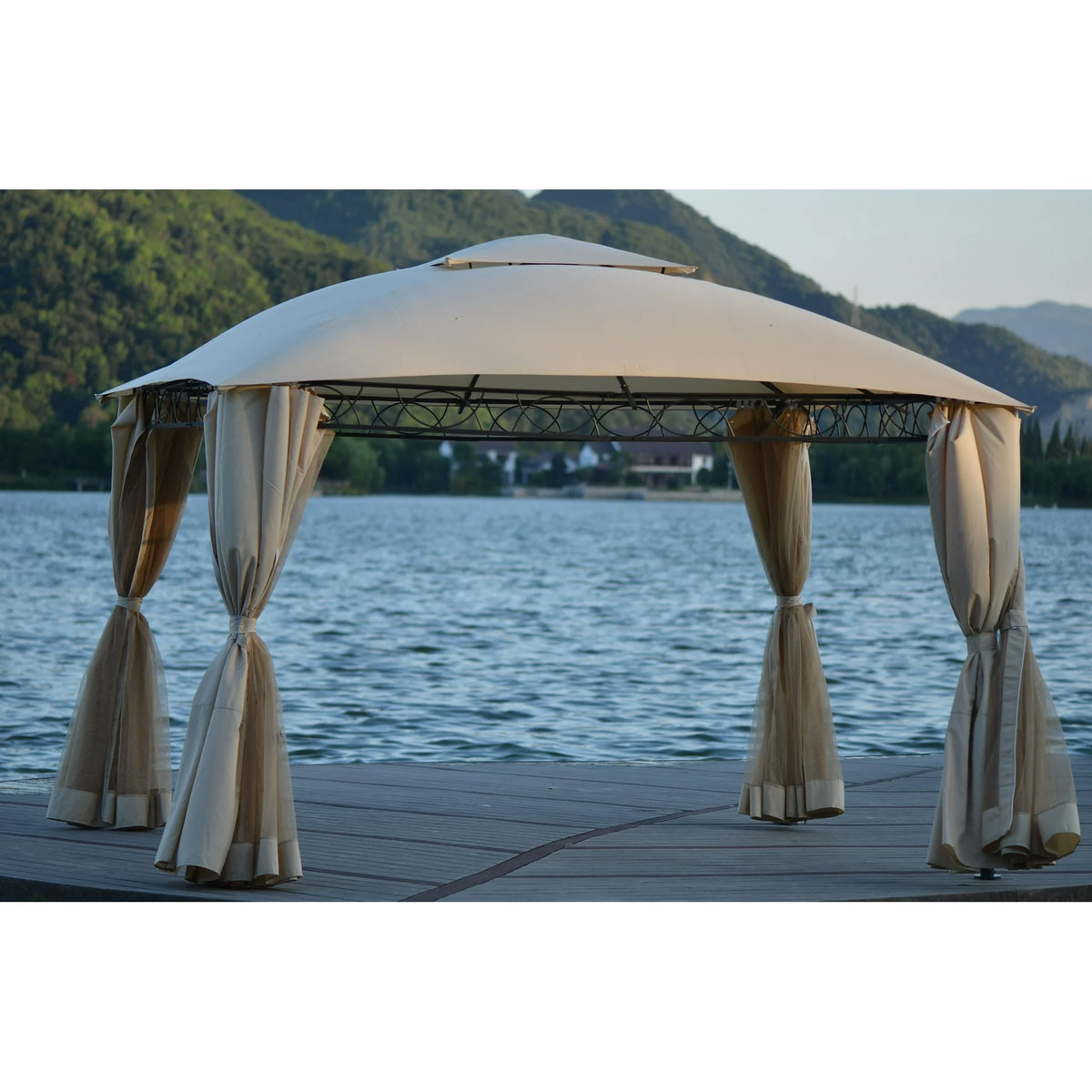 Outdoor BBQ Canopy Tent, Gazebo Canopy with Mosquito Netting for 5-6 Person, Water and UV-Resistant Garden Party Tent with Double Layer Top, BBQ Tent for Patio Backyard, Easy Setup, Beige, S9649