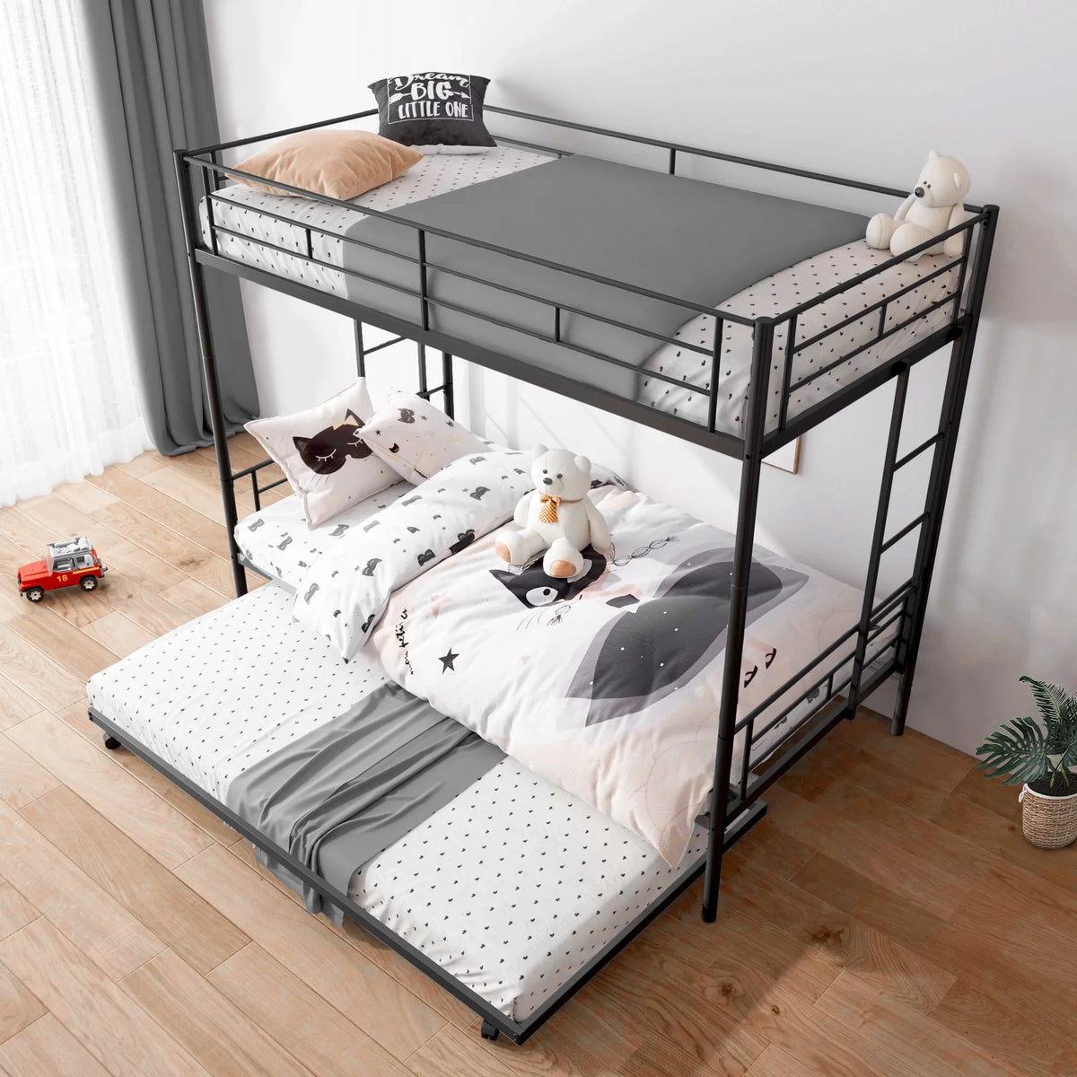 Twin Over Twin Bunk Bed with Trundle, Metal Twin Bed with Safety Guard Rail and Ladders, Space-Saving Design Sleeping Bedroom Bunk Bed for Boys, Girls, Kids, Young Teens and Adults, Easy Assembly, K92