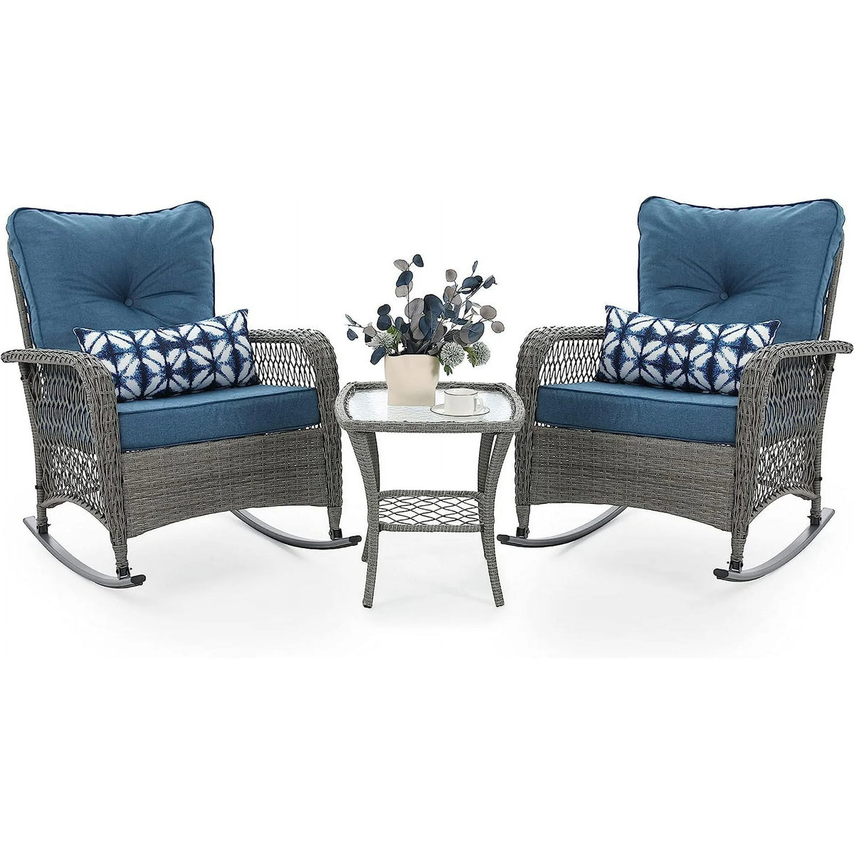 UDPATIO 3 Piece Patio Set Rocking, Rattan Outdoor Rocking Patio Bistro Set for Backyard, Porch, Balcony, Poolside(Blue)