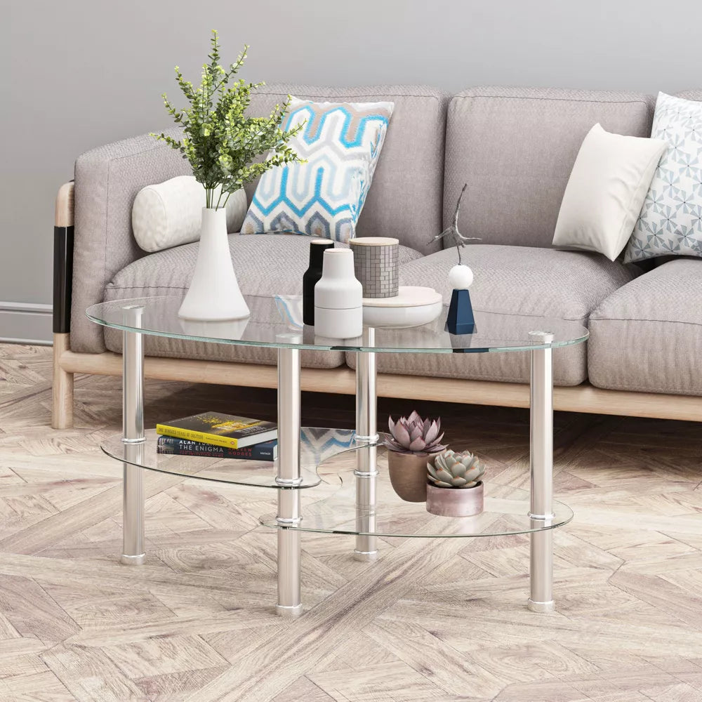 NicBex Coffee Tables for Living Room Modern Transparent Oval Glass Coffee Table Tea Table 3-layer Glass Table with Stainless Steel Leg, Transparent