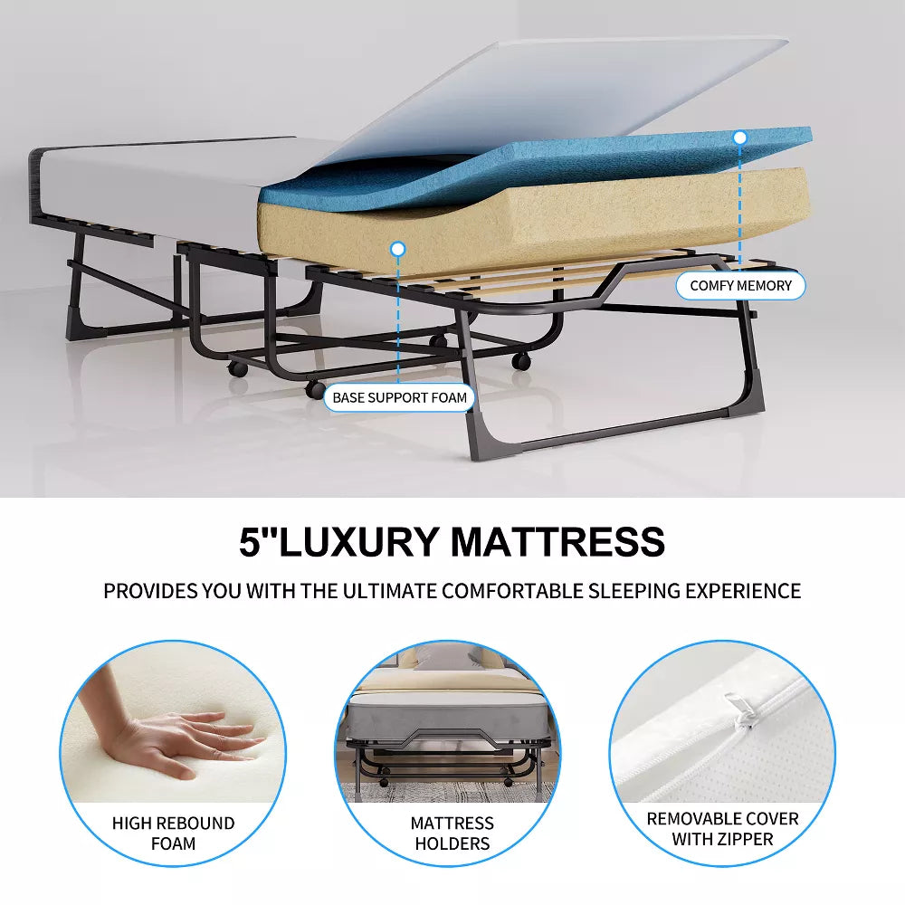 Mjkone Adult Folding Bed with Memory Foam Mattress Sleeper Wood Slats Black 75*32