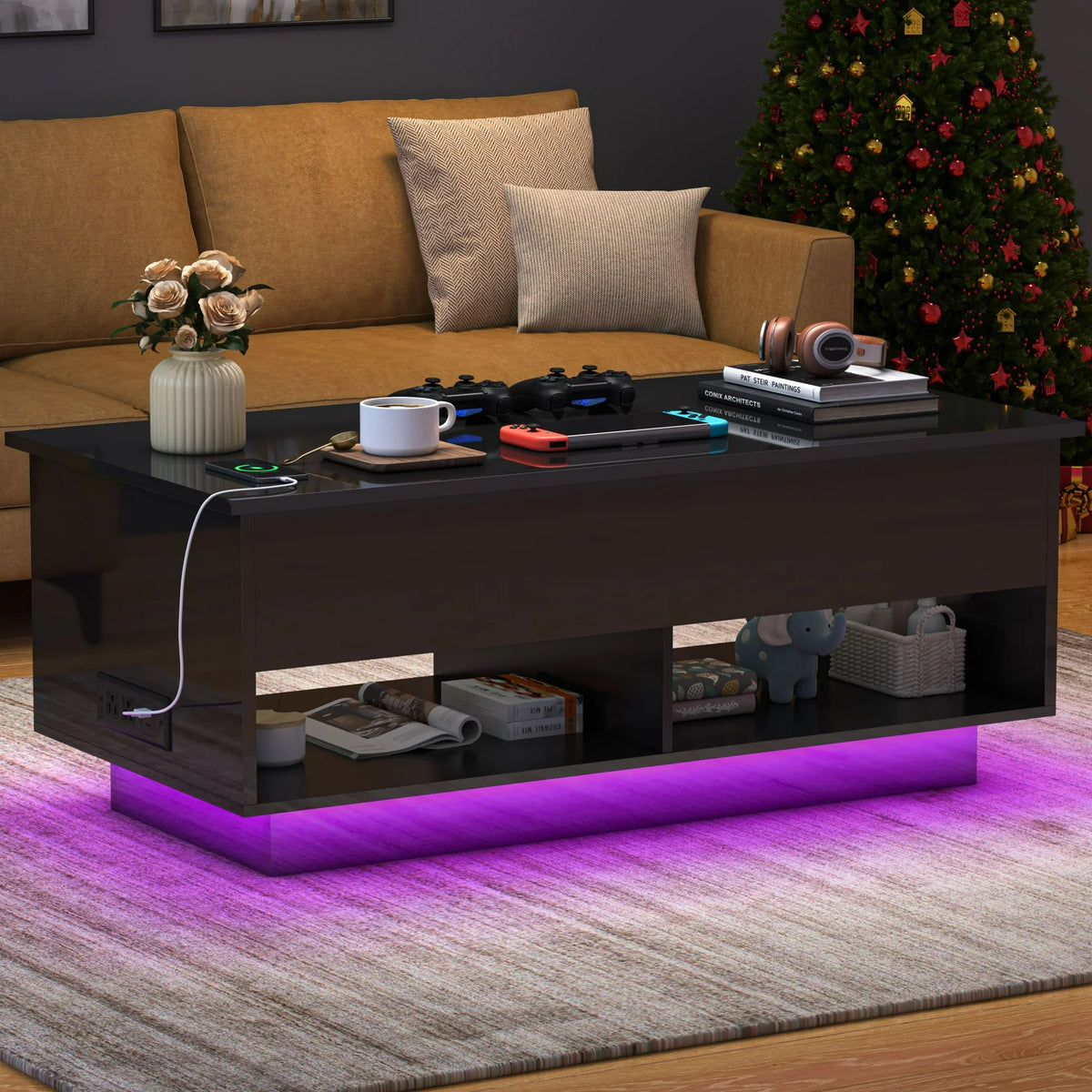 Sesslife Black LED Coffee Table for Living Room, Modern Lift Top Coffee Table with Hidden Storage and Rising Top, Wood Rectangular High Gloss Sofa Side Tea Tables with Charging Station