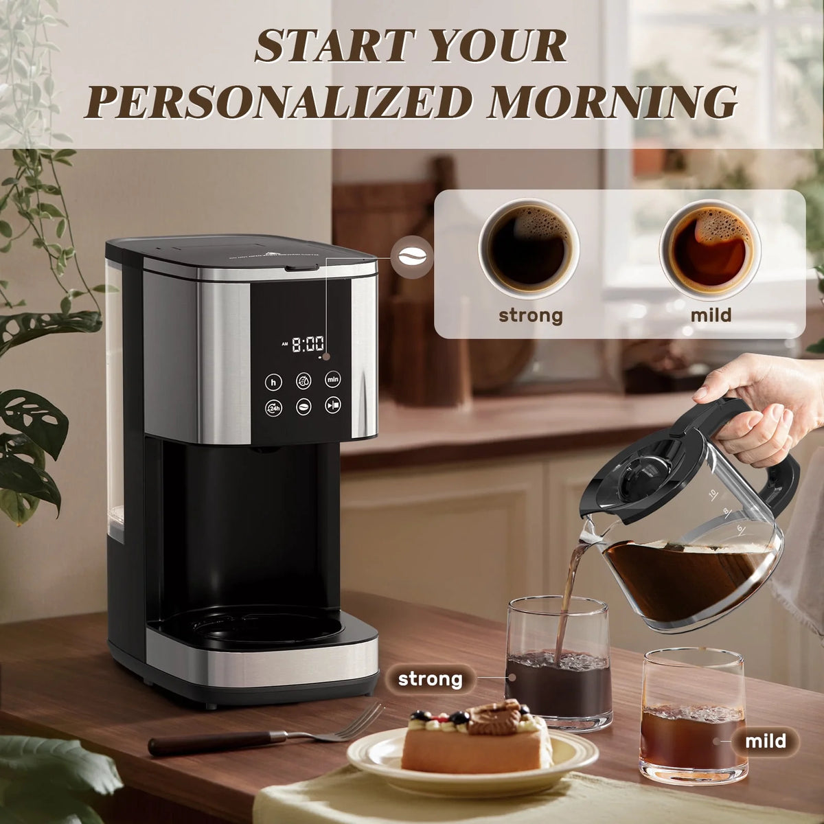 Auseo Drip Coffee Maker with Glass Carafe, 10-Cups Programmable, 2 Coffee Strength Options, Time Control, Warming Function for Home