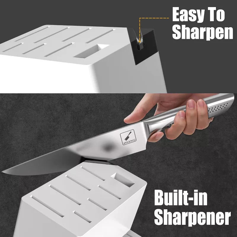 imarku, Japanese HC Stainless Steel 15 PCS Kitchen Knife Set With Block With Built-in Sharpener, Knife Block Set With Dotted Ergomomic Handle, White