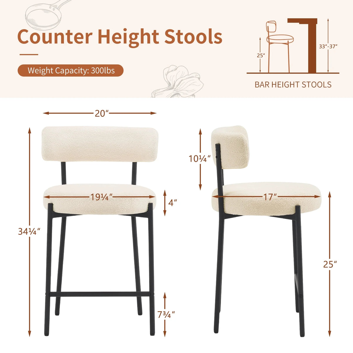 Furniliving Bar Stools Set of 2, Modern Counter Height Bar Stools with Back, Upholstered Bar Height Barstools for Kitchen Counter/Home Bar/Dining Room, Ivory White