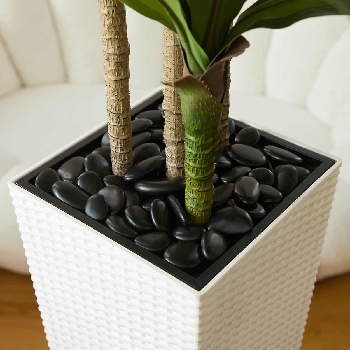 DR.Planzen Artificial Dracaena Tree 5ft - UV Protected Faux Dracaena Plant with 57 Green Leaves, Fake Tree for Indoor Outdoor Use, Sturdy Tall White Planter with River Stones