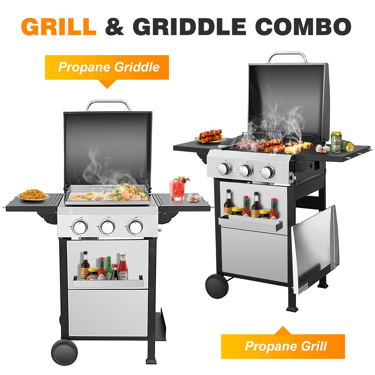 3 Burner Propane Gas Grill and Griddle Combo, Propane BBQ Grill with Foldable Side Table, Hanging Basket, and Tool Hooks for Backyard Camping Cooking, 2 in 1, 36,900BTU Output