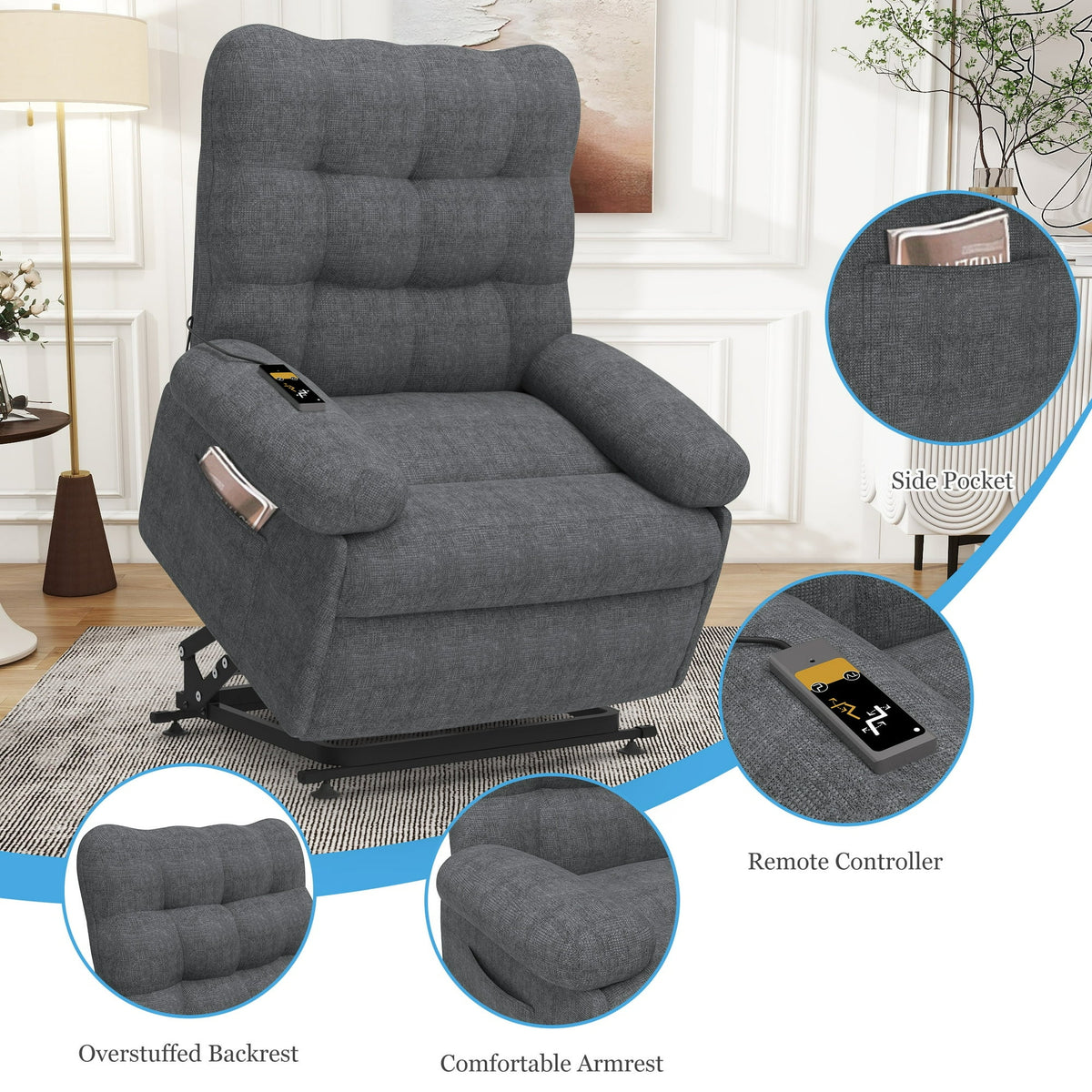Paproos Power Lift Recliner Chair, Recliners with Side Pocket for Living Room Home Theater, Single Electric Sofa with Remote Control for Elderly and Adults, Ergonomic Lounge Recliner Chair, Gray