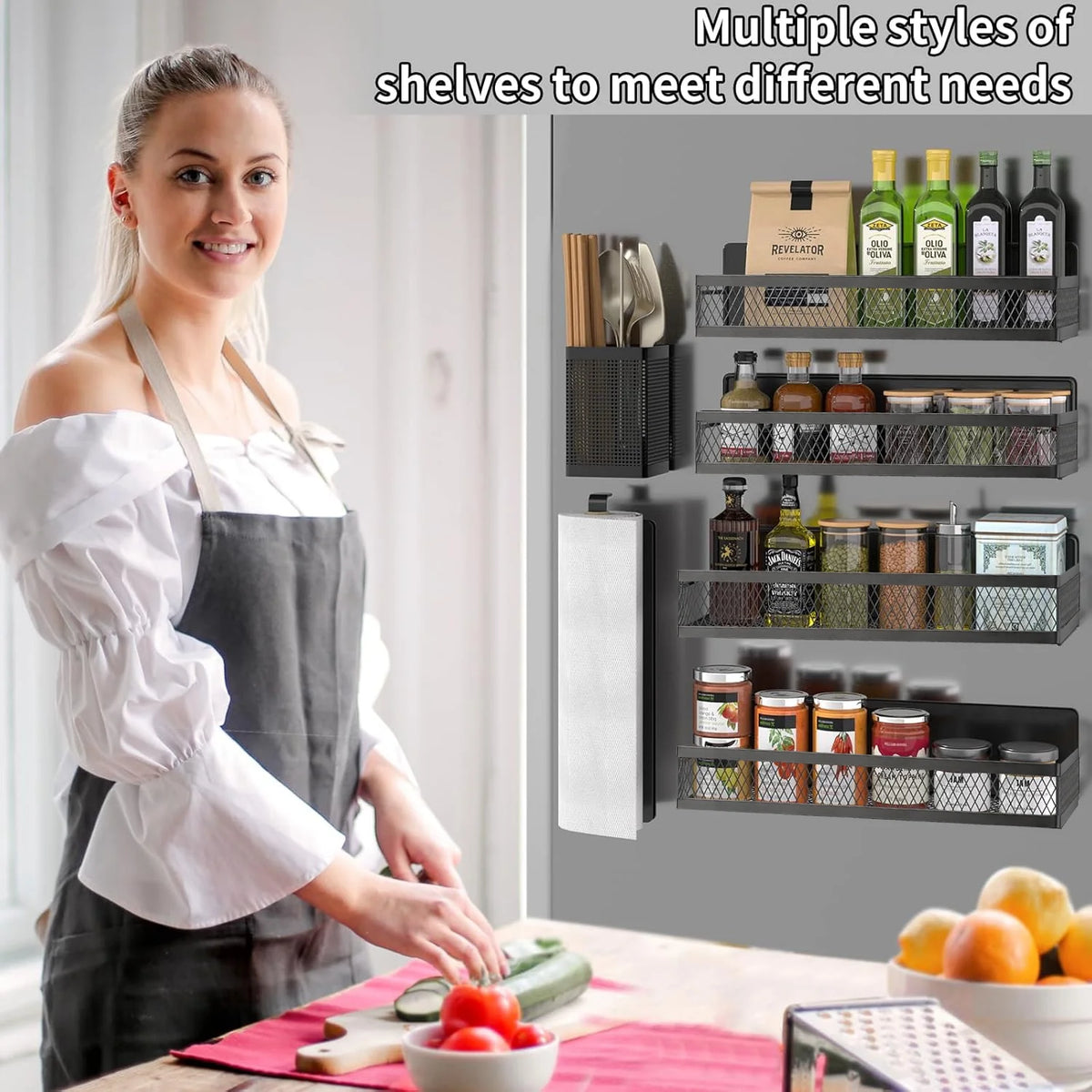 Magnetic Spice Rack Organizer, AOKIWO 6 Pack Moveable Fridge Spice Shelves for Refrigerator, Strong Magnetic Metal Refrigerator Shelf Organizer with Paper Towel Holder, Utensils Holder, Black